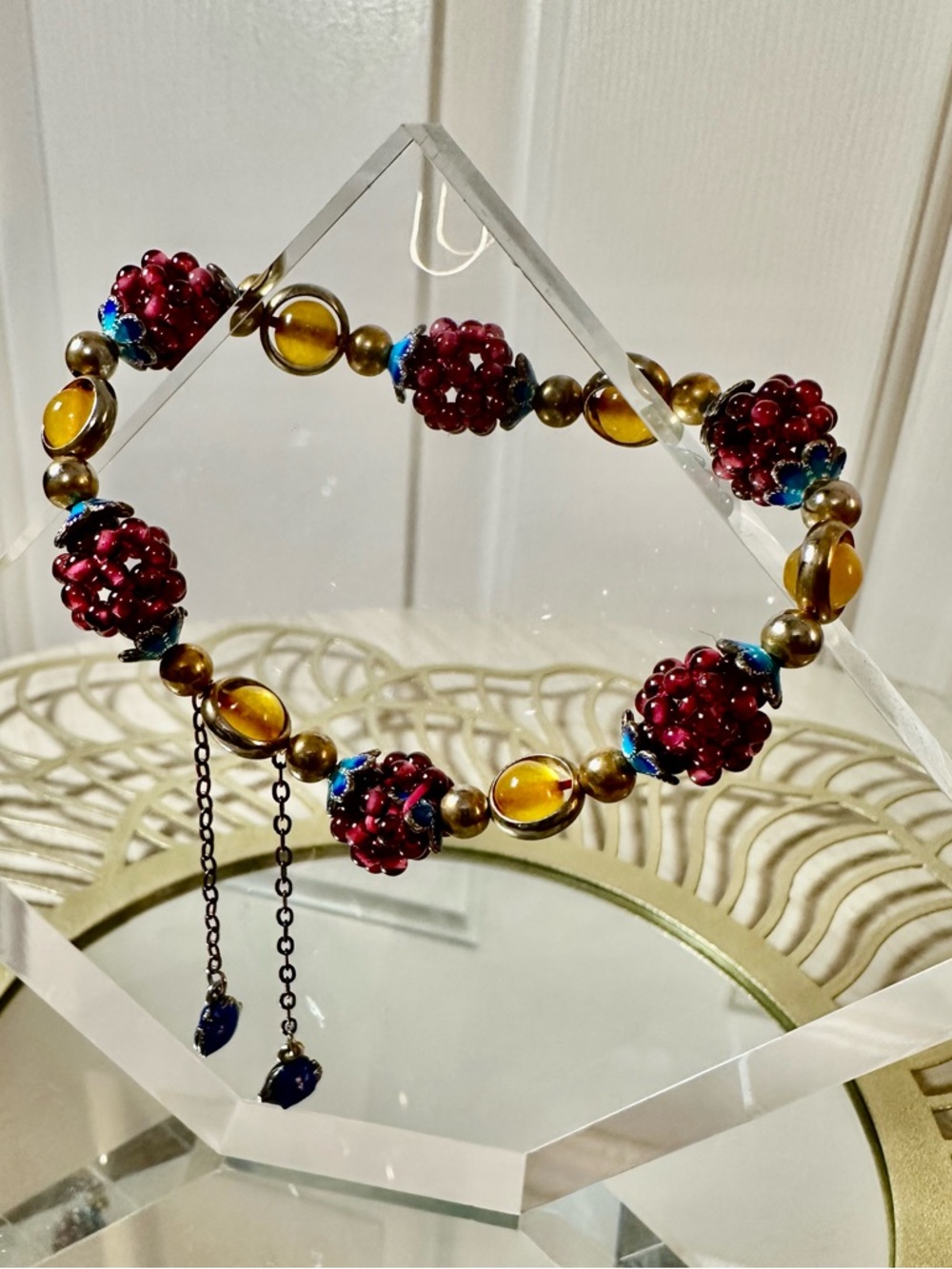 Natural Garnet Citrine Stretch Bracelet Boho Statement Beaded Crystal Gold Tone